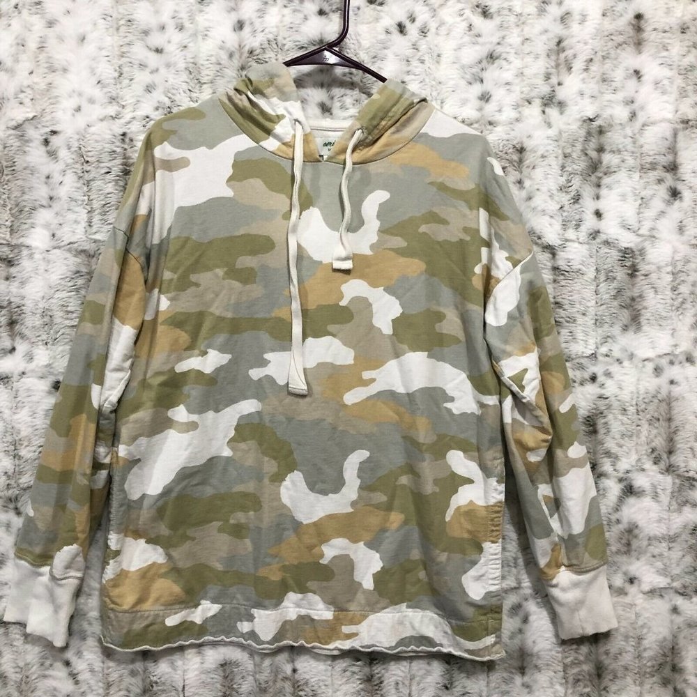 Aerie Womens Camo Hooded Tie Neck Side Slit Oversized Cotton Sweatshirt Sz Small